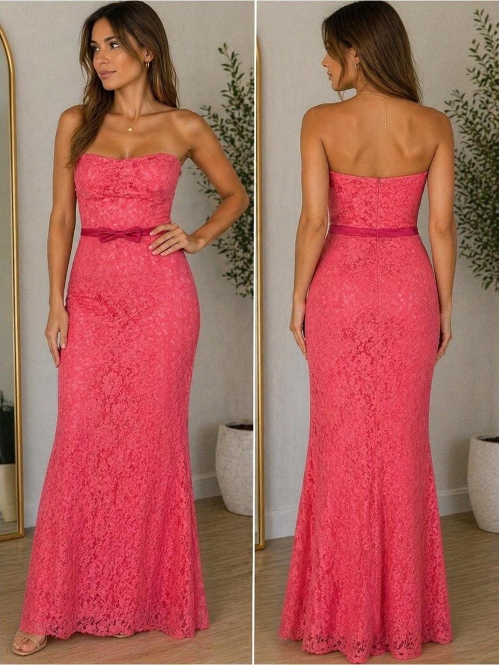 Jessica McClintock Strapless Formal Gown Coral Pink Lace Prom size 2 - Picture 1 of 12